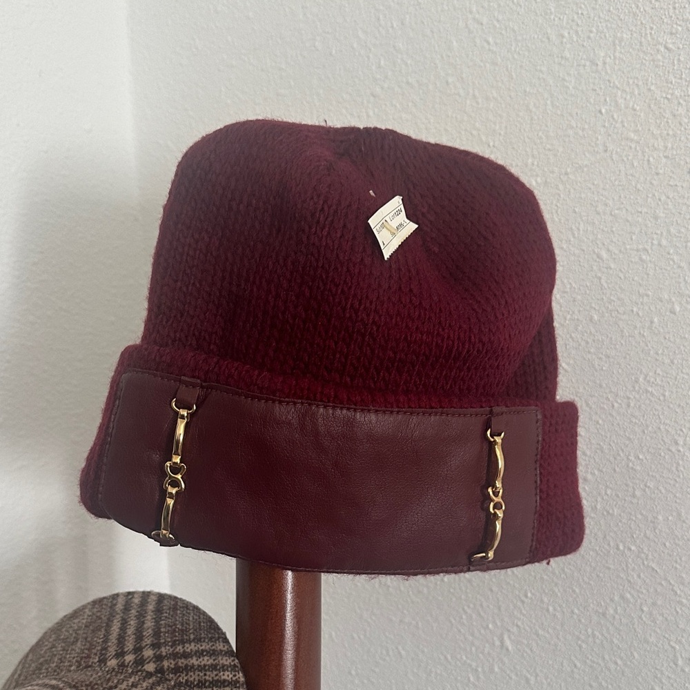 Burgundy Knit Beanie Bucket Hat with Pleather and Gold Embellishment